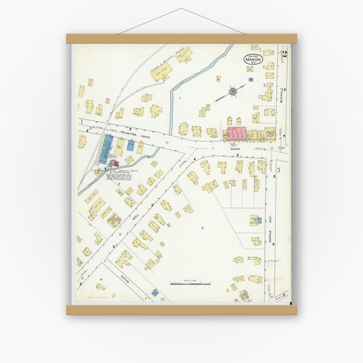 Old map wall art mockup — magnetic wood frame on white wall — Sanborn Fire Insurance Map from Marion, Wayne County, New York (1915), Sheet #0002