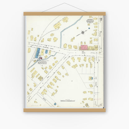 Old map wall art mockup — magnetic wood frame on white wall — Sanborn Fire Insurance Map from Marion, Wayne County, New York (1915), Sheet #0002