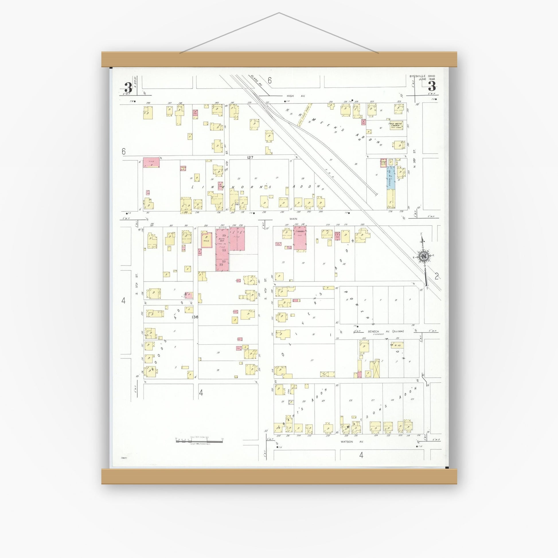 Old map wall art mockup — magnetic wood frame on white wall — Sanborn Fire Insurance Map from Byesville, Guernsey County, Ohio (1948), Sheet #0003