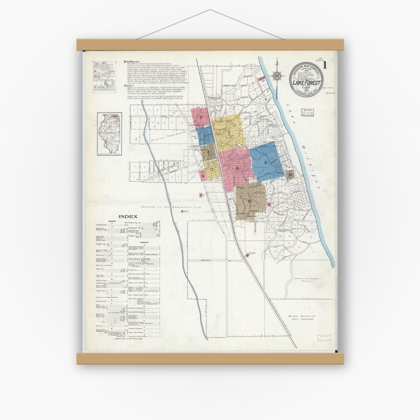 Old map wall art mockup — magnetic wood frame on white wall — Sanborn Fire Insurance Map from Lake Forest, Lake County, Illinois (1917), Sheet #0001
