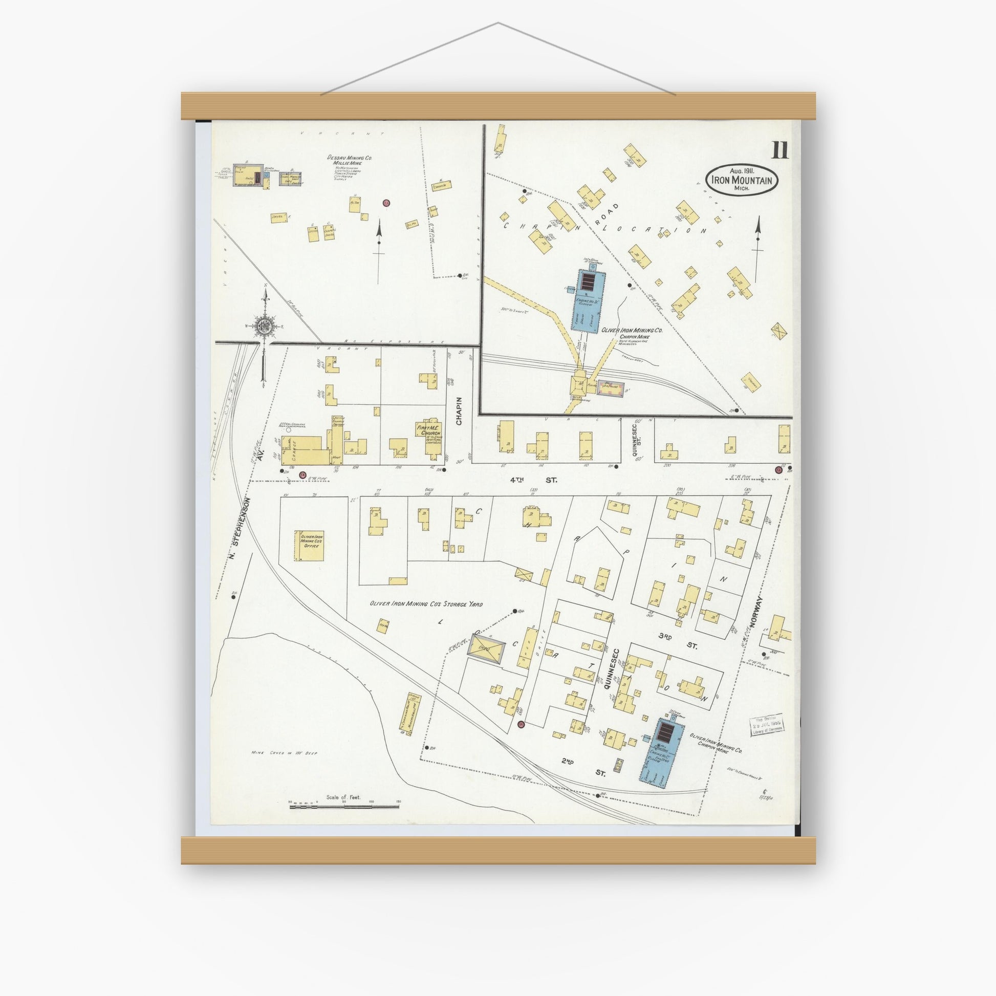 Old map wall art mockup — magnetic wood frame on white wall — Sanborn Fire Insurance Map from Iron Mountain, Dickinson County, Michigan (1911), Sheet #0011
