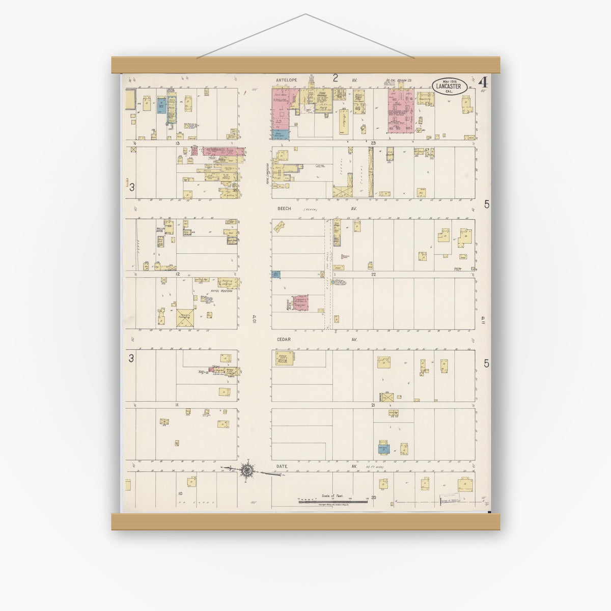 Old map wall art mockup — magnetic wood frame on white wall — Sanborn Fire Insurance Map from Lancaster, Los Angeles County, California (1918), Sheet #0004