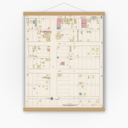Old map wall art mockup — magnetic wood frame on white wall — Sanborn Fire Insurance Map from Lancaster, Los Angeles County, California (1918), Sheet #0004