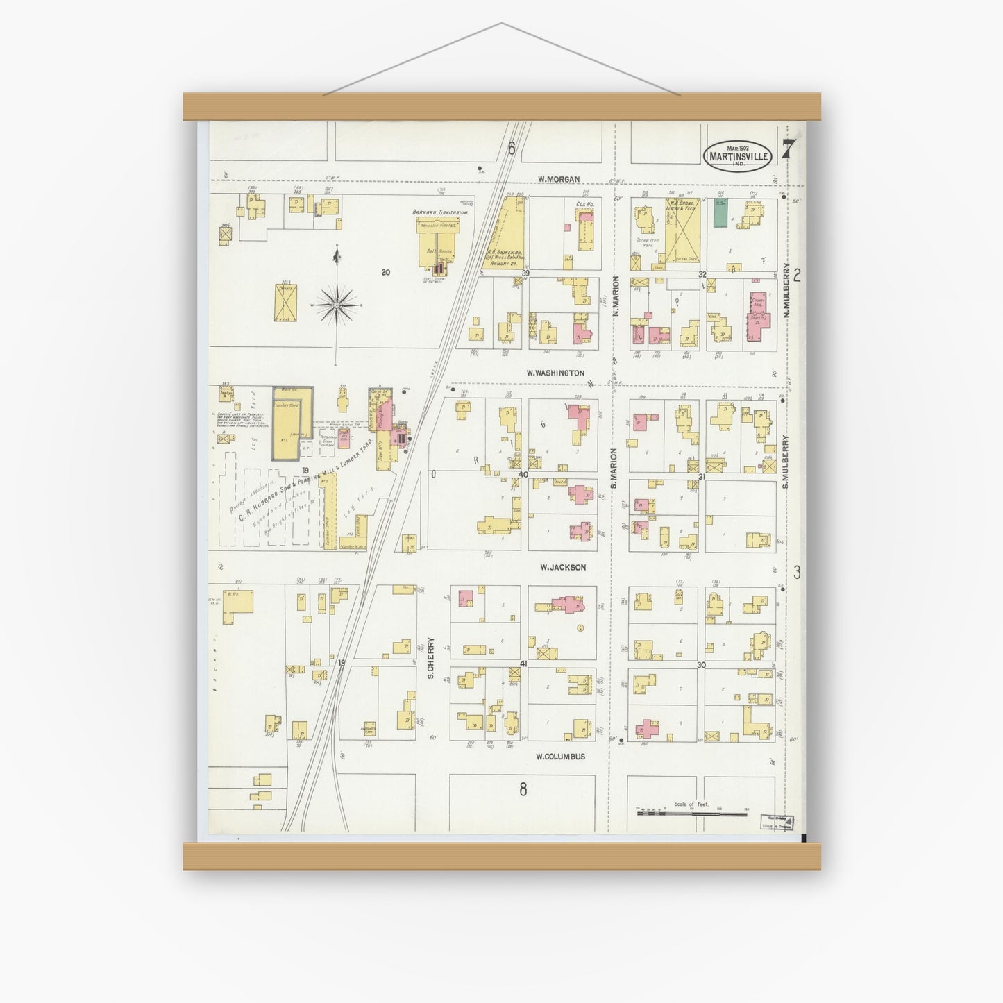 Old map wall art mockup — magnetic wood frame on white wall — Sanborn Fire Insurance Map from Martinsville, Morgan County, Indiana (1902), Sheet #0007
