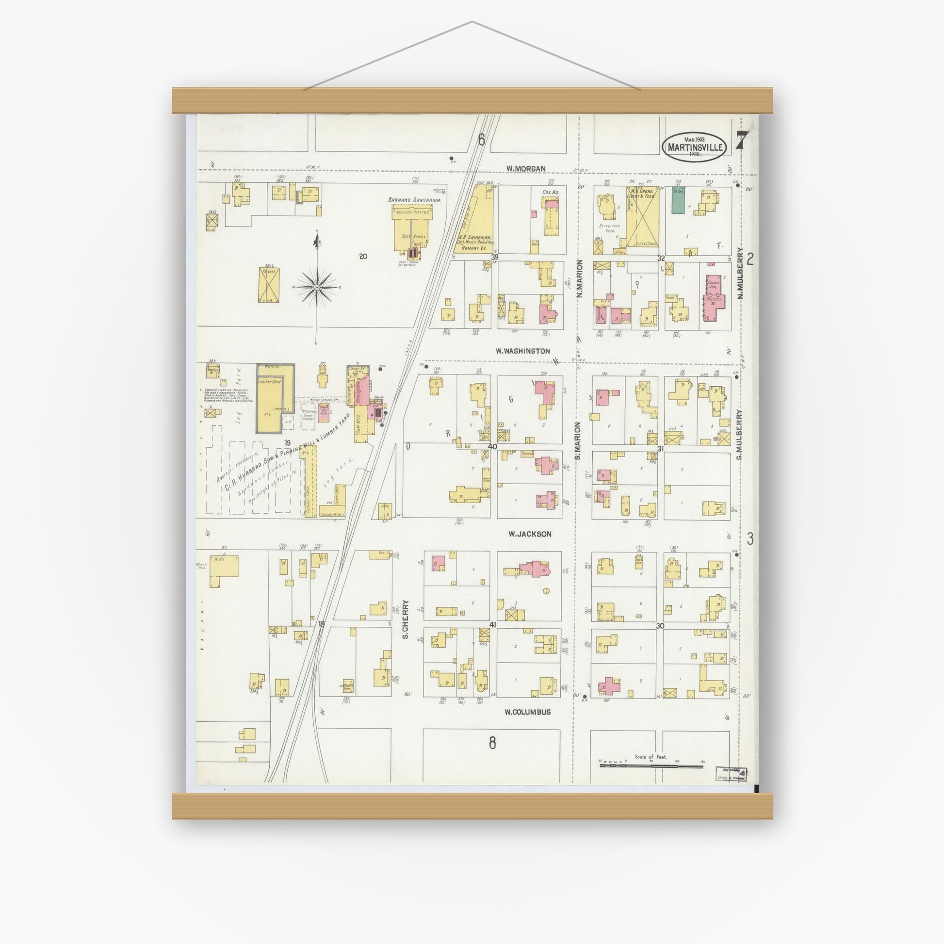 Old map wall art mockup — magnetic wood frame on white wall — Sanborn Fire Insurance Map from Martinsville, Morgan County, Indiana (1902), Sheet #0007