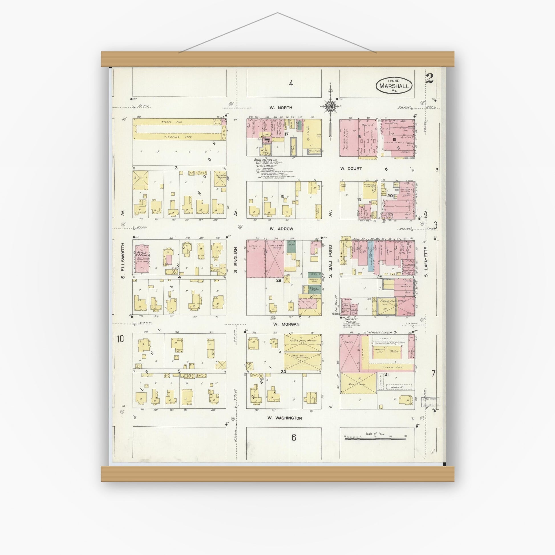 Old map wall art mockup — magnetic wood frame on white wall — Sanborn Fire Insurance Map from Marshall, Saline County, Missouri (1910), Sheet #0002