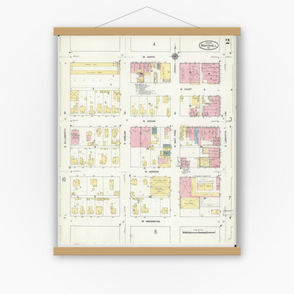 Old map wall art mockup — magnetic wood frame on white wall — Sanborn Fire Insurance Map from Marshall, Saline County, Missouri (1910), Sheet #0002