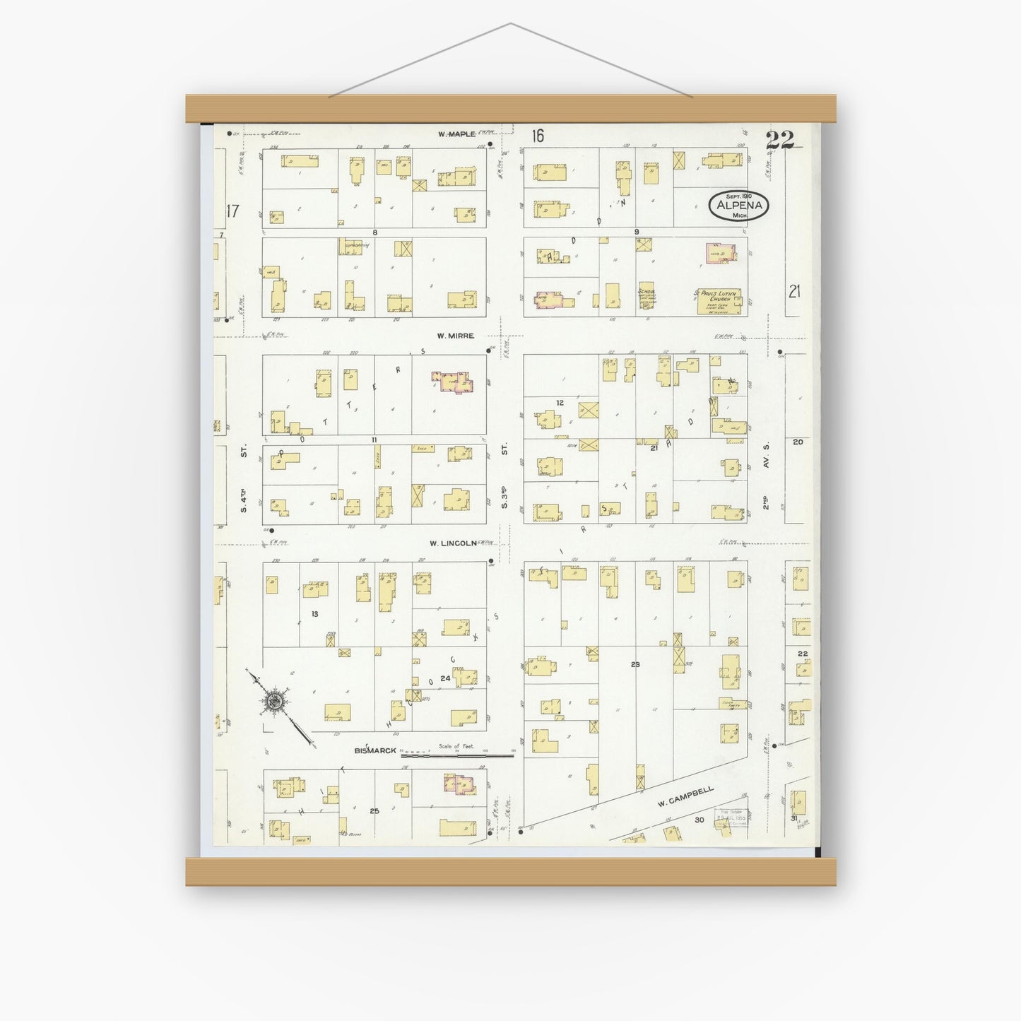 Old map wall art mockup — magnetic wood frame on white wall — Sanborn Fire Insurance Map from Alpena, Alpena County, Michigan (1910), Sheet #0022