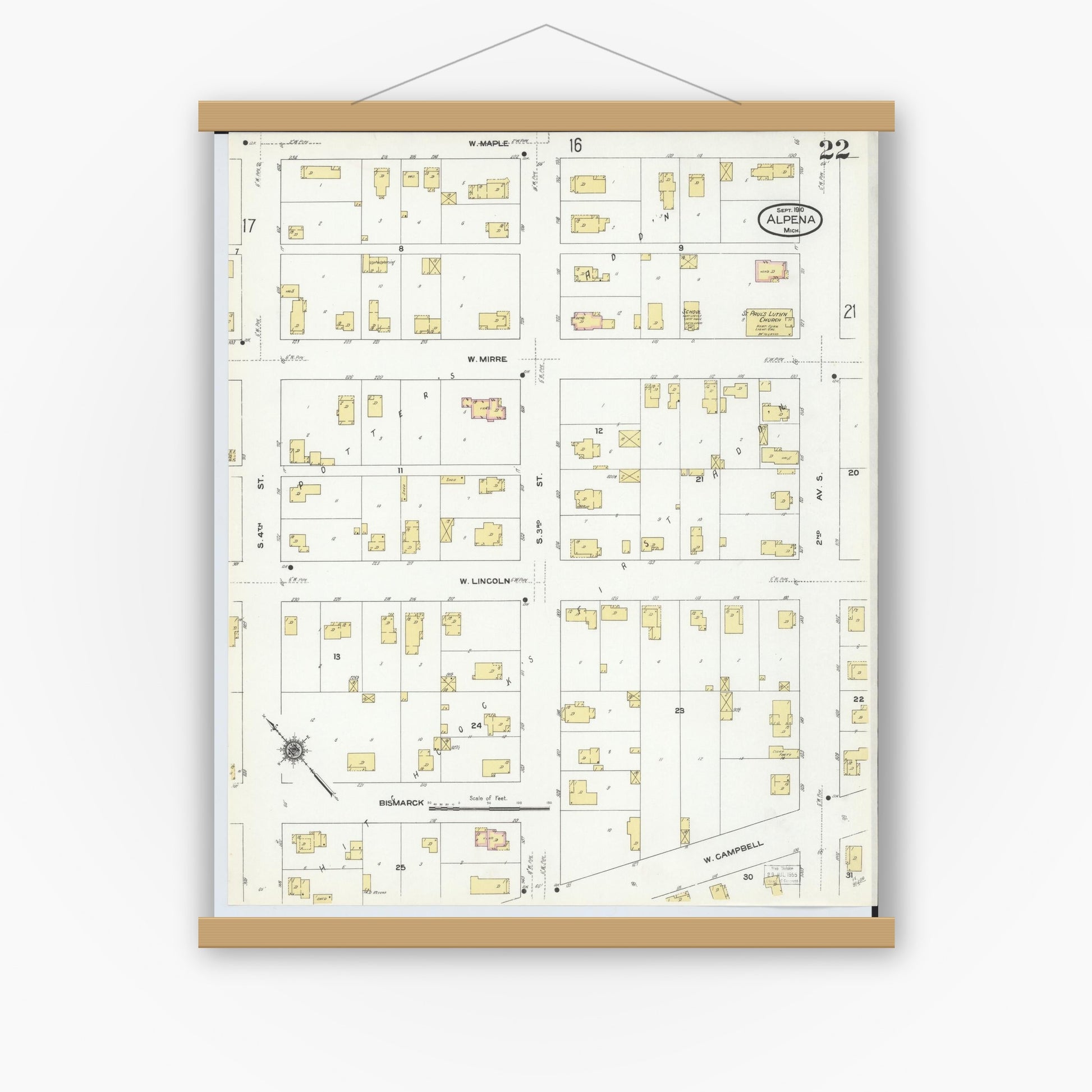 Old map wall art mockup — magnetic wood frame on white wall — Sanborn Fire Insurance Map from Alpena, Alpena County, Michigan (1910), Sheet #0022