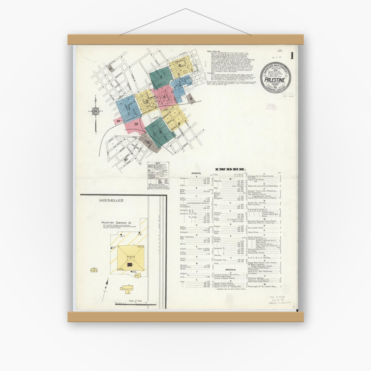 Old map wall art mockup — magnetic wood frame on white wall — Sanborn Fire Insurance Map from Palestine, Anderson County, Texas (1911) - Complete Map Set