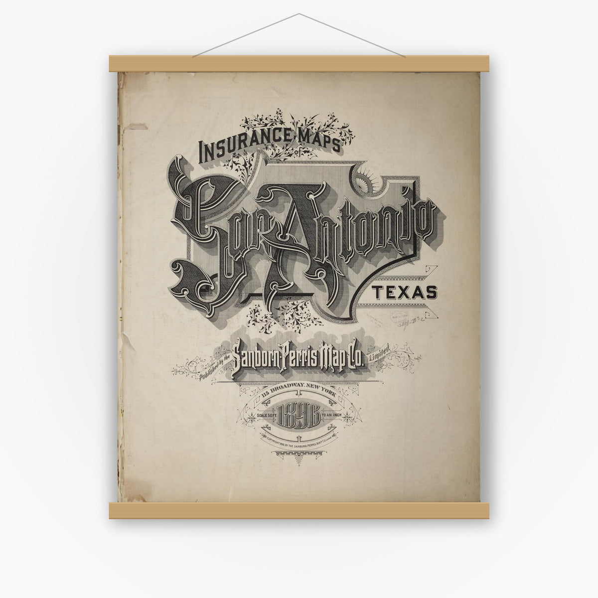 Old map wall art mockup — magnetic wood frame on white wall — Sanborn Fire Insurance Map from San Antonio, Bexar County, Texas (1896), Sheet #0001