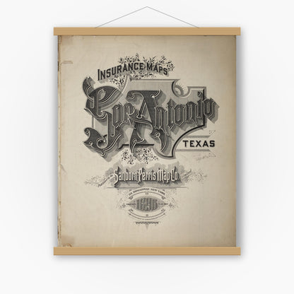 Old map wall art mockup — magnetic wood frame on white wall — Sanborn Fire Insurance Map from San Antonio, Bexar County, Texas (1896), Sheet #0001