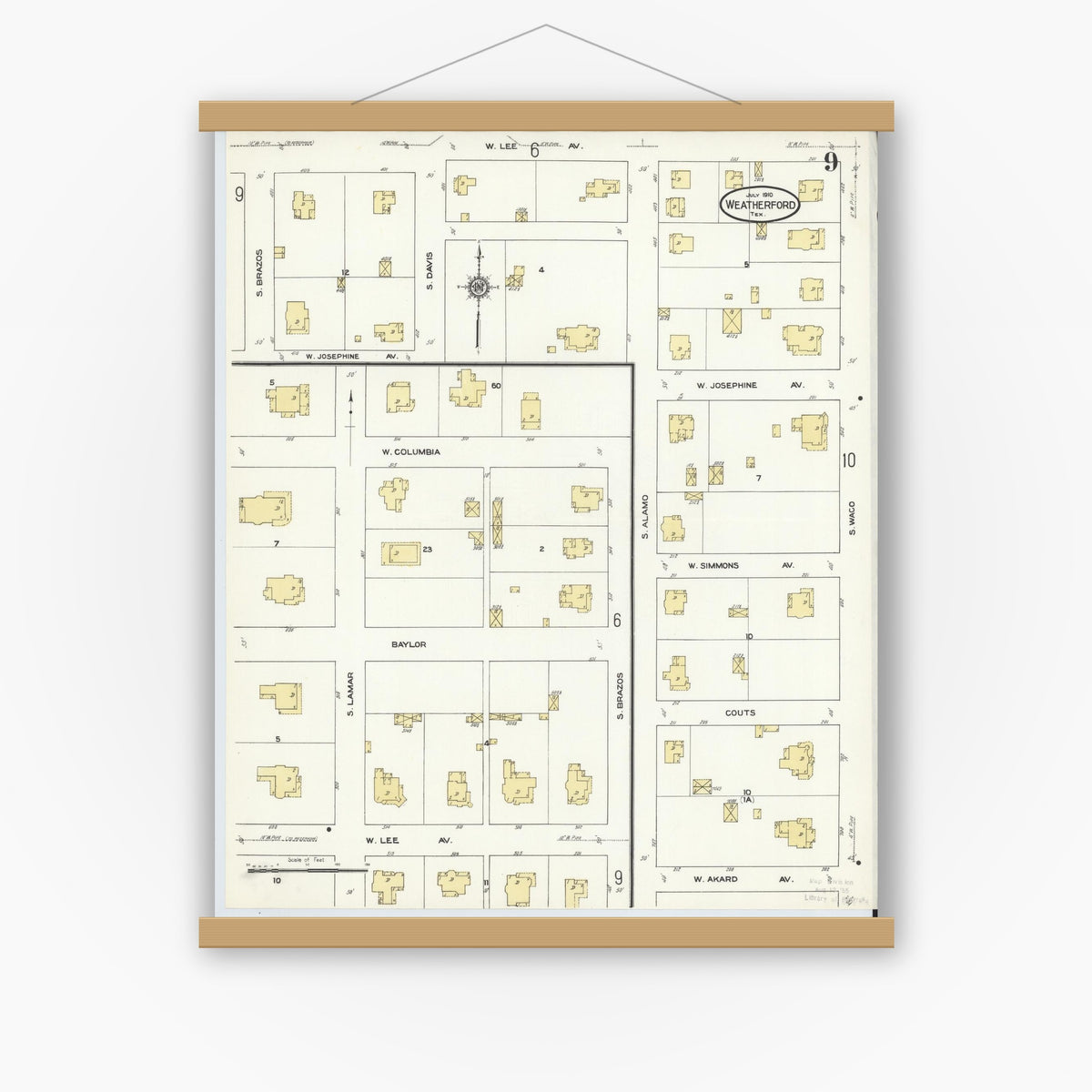 Old map wall art mockup — magnetic wood frame on white wall — Sanborn Fire Insurance Map from Weatherford, Parker County, Texas (1910), Sheet #0009