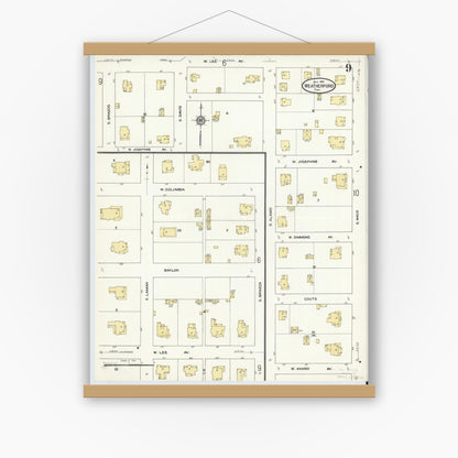 Old map wall art mockup — magnetic wood frame on white wall — Sanborn Fire Insurance Map from Weatherford, Parker County, Texas (1910), Sheet #0009