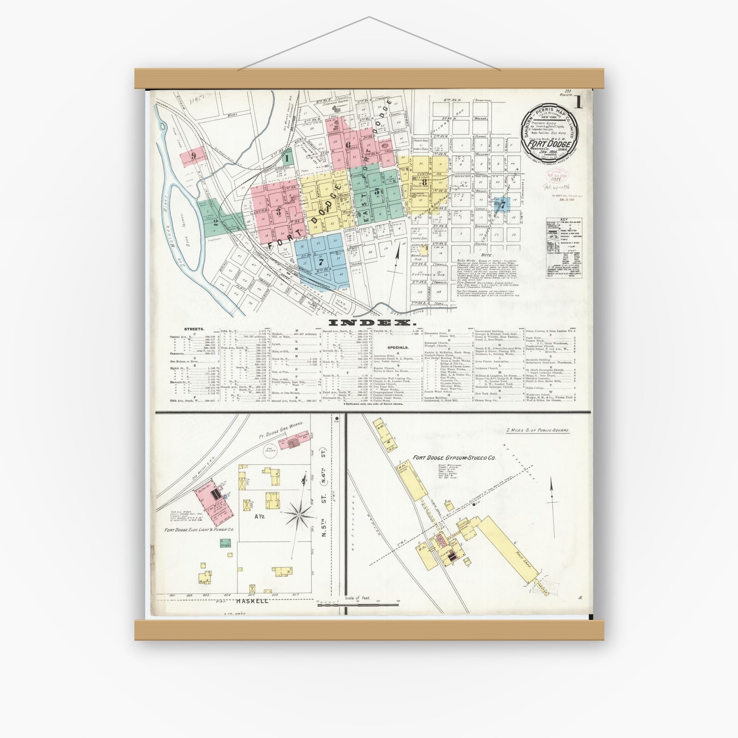Old map wall art mockup — magnetic wood frame on white wall — Sanborn Fire Insurance Map from Fort Dodge, Webster County, Iowa (1896) â€” Complete Set