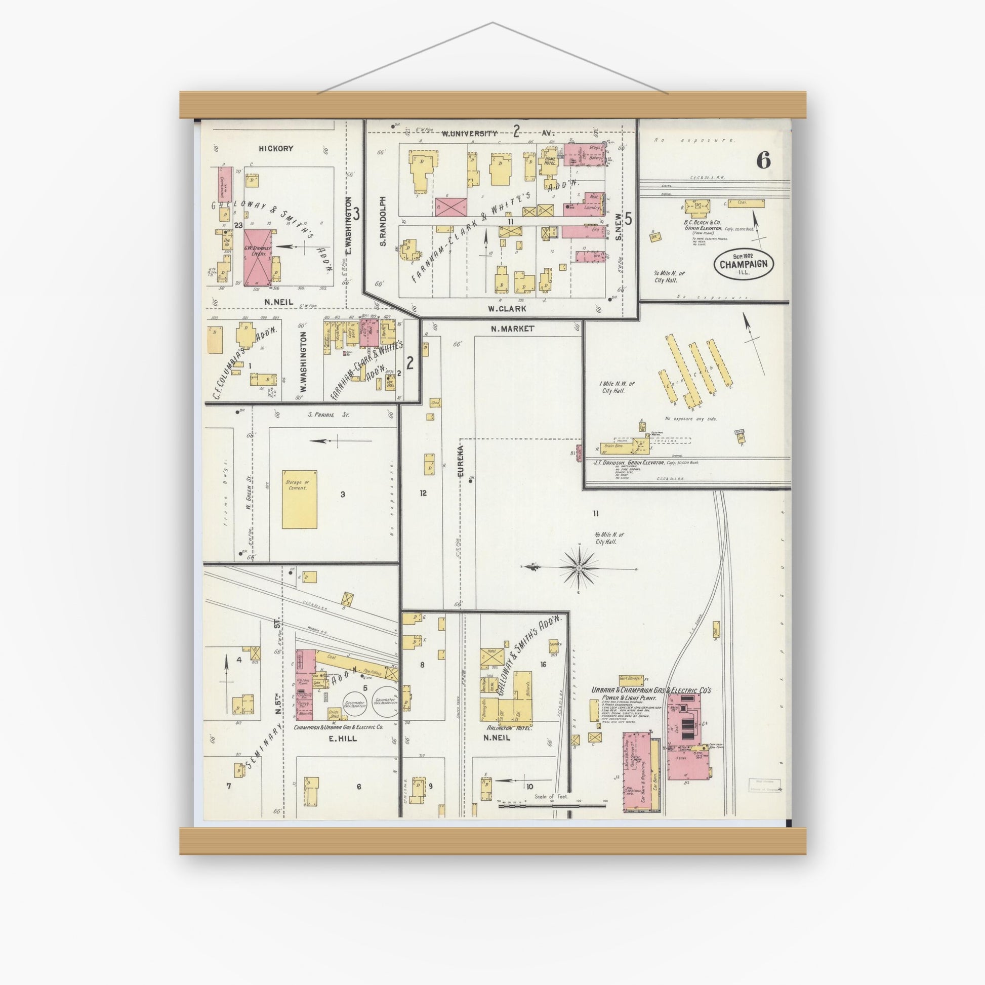 Old map wall art mockup — magnetic wood frame on white wall — Sanborn Fire Insurance Map from Champaign, Champaign County, Illinois (1902), Sheet #0006