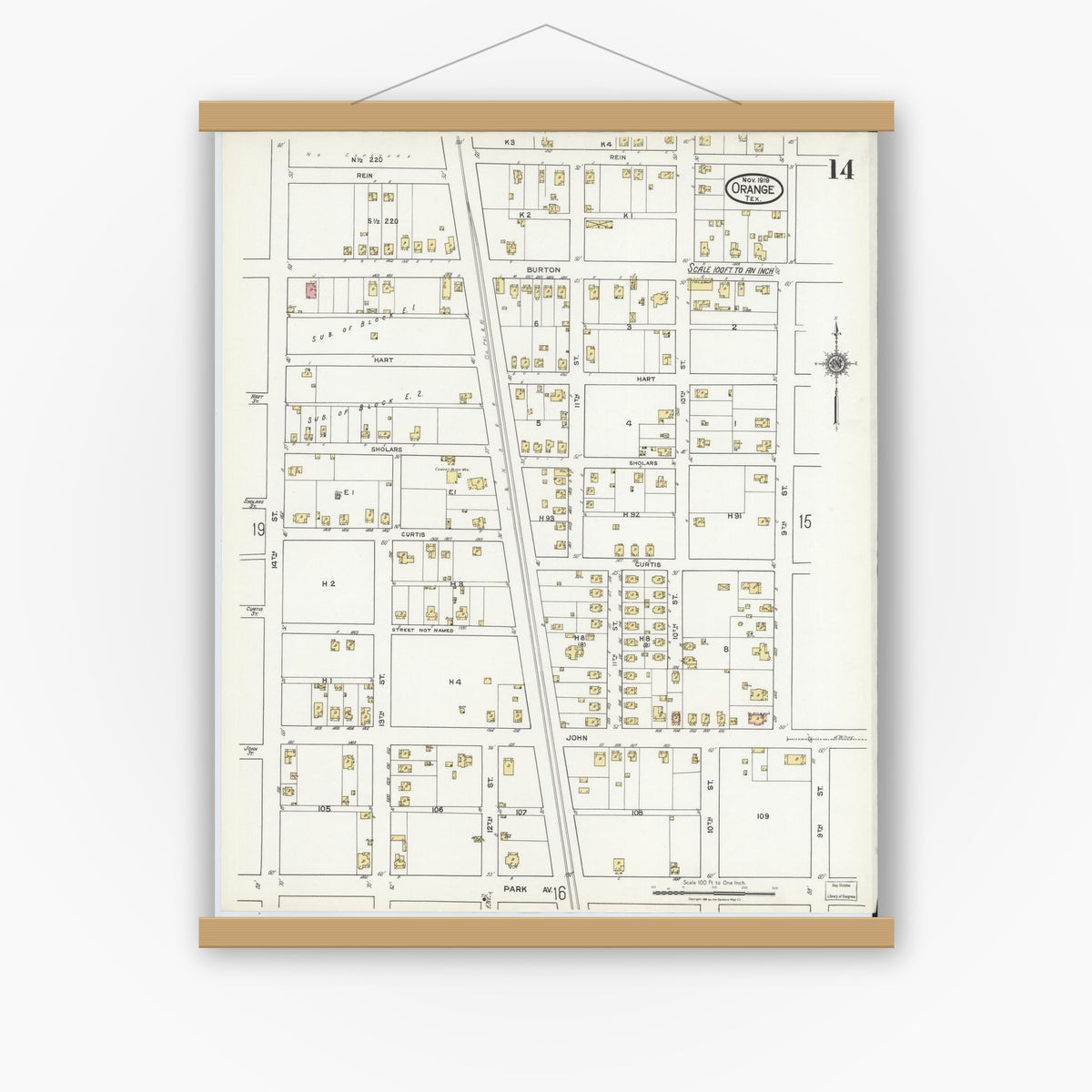 Old map wall art mockup — magnetic wood frame on white wall — Sanborn Fire Insurance Map from Orange, Orange County, Texas (1919), Sheet #0014