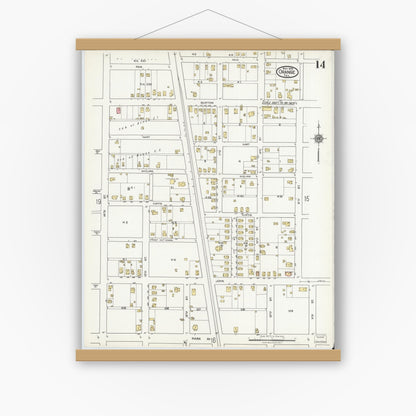 Old map wall art mockup — magnetic wood frame on white wall — Sanborn Fire Insurance Map from Orange, Orange County, Texas (1919), Sheet #0014