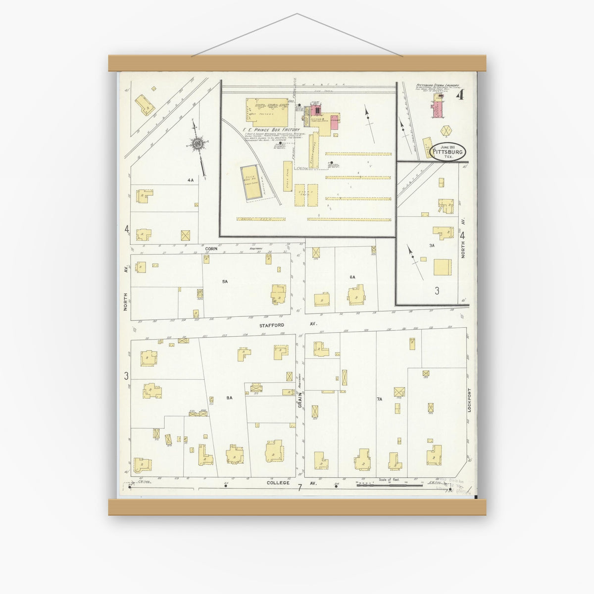 Old map wall art mockup — magnetic wood frame on white wall — Sanborn Fire Insurance Map from Pittsburg, Camp County, Texas (1911), Sheet #0004