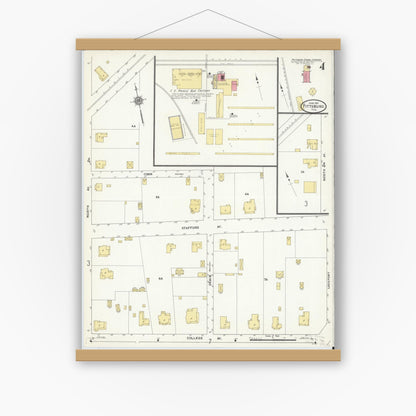 Old map wall art mockup — magnetic wood frame on white wall — Sanborn Fire Insurance Map from Pittsburg, Camp County, Texas (1911), Sheet #0004