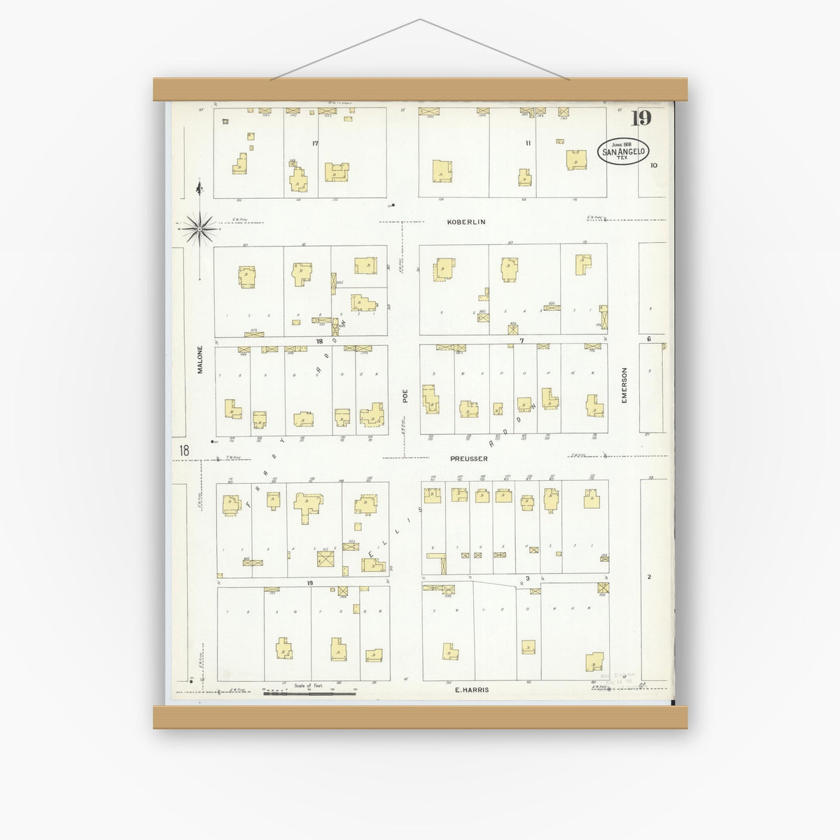 Old map wall art mockup — magnetic wood frame on white wall — Sanborn Fire Insurance Map from San Angelo, Tom Green County, Texas (1908), Sheet #0019