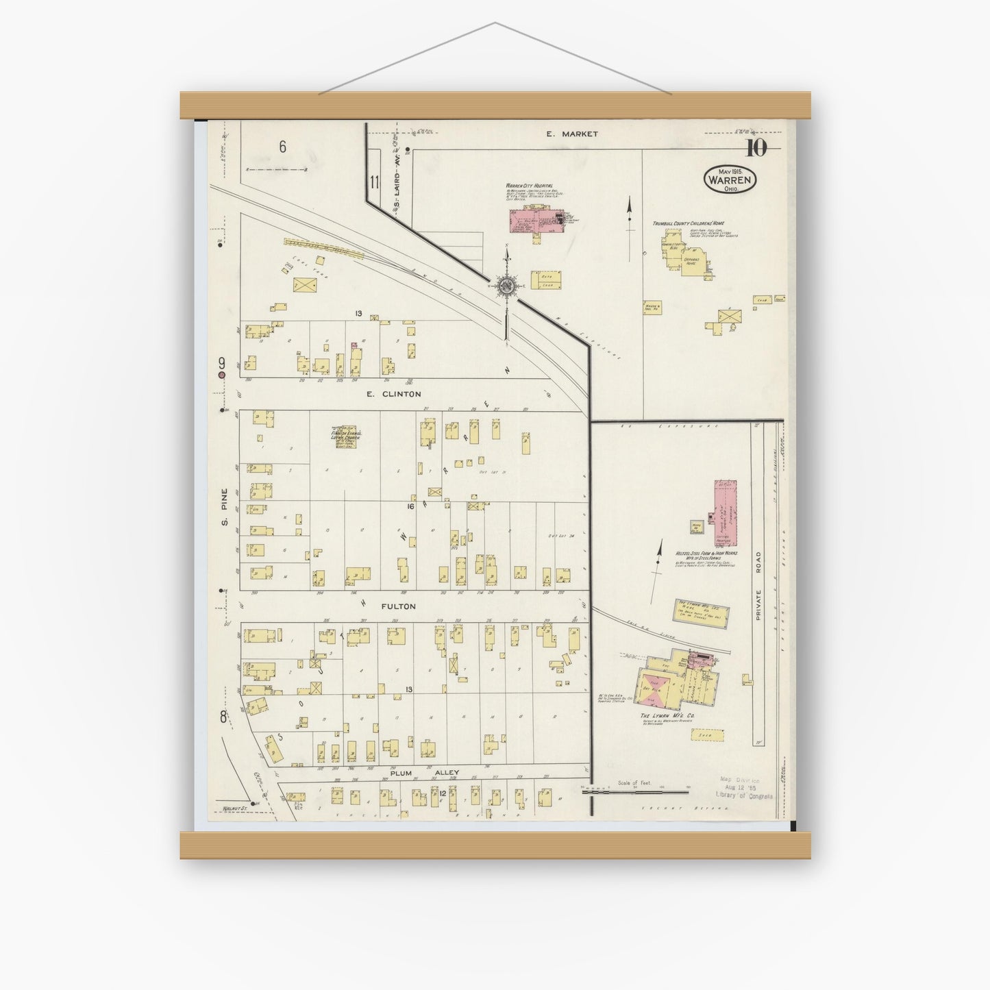 Old map wall art mockup — magnetic wood frame on white wall — Sanborn Fire Insurance Map from Warren, Trumbull County, Ohio (1915), Sheet #0010