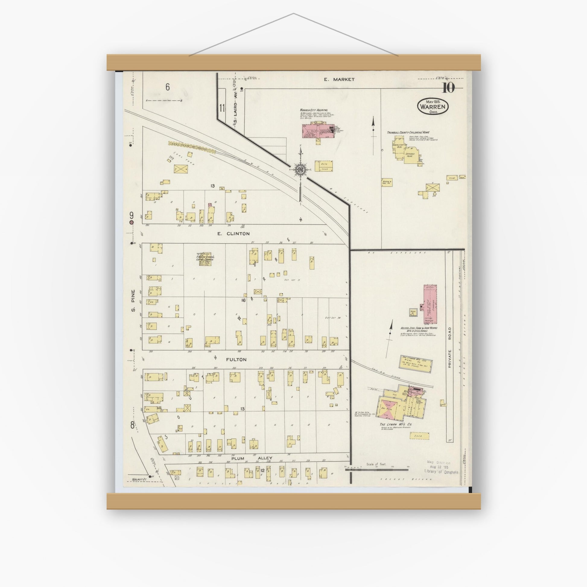 Old map wall art mockup — magnetic wood frame on white wall — Sanborn Fire Insurance Map from Warren, Trumbull County, Ohio (1915), Sheet #0010