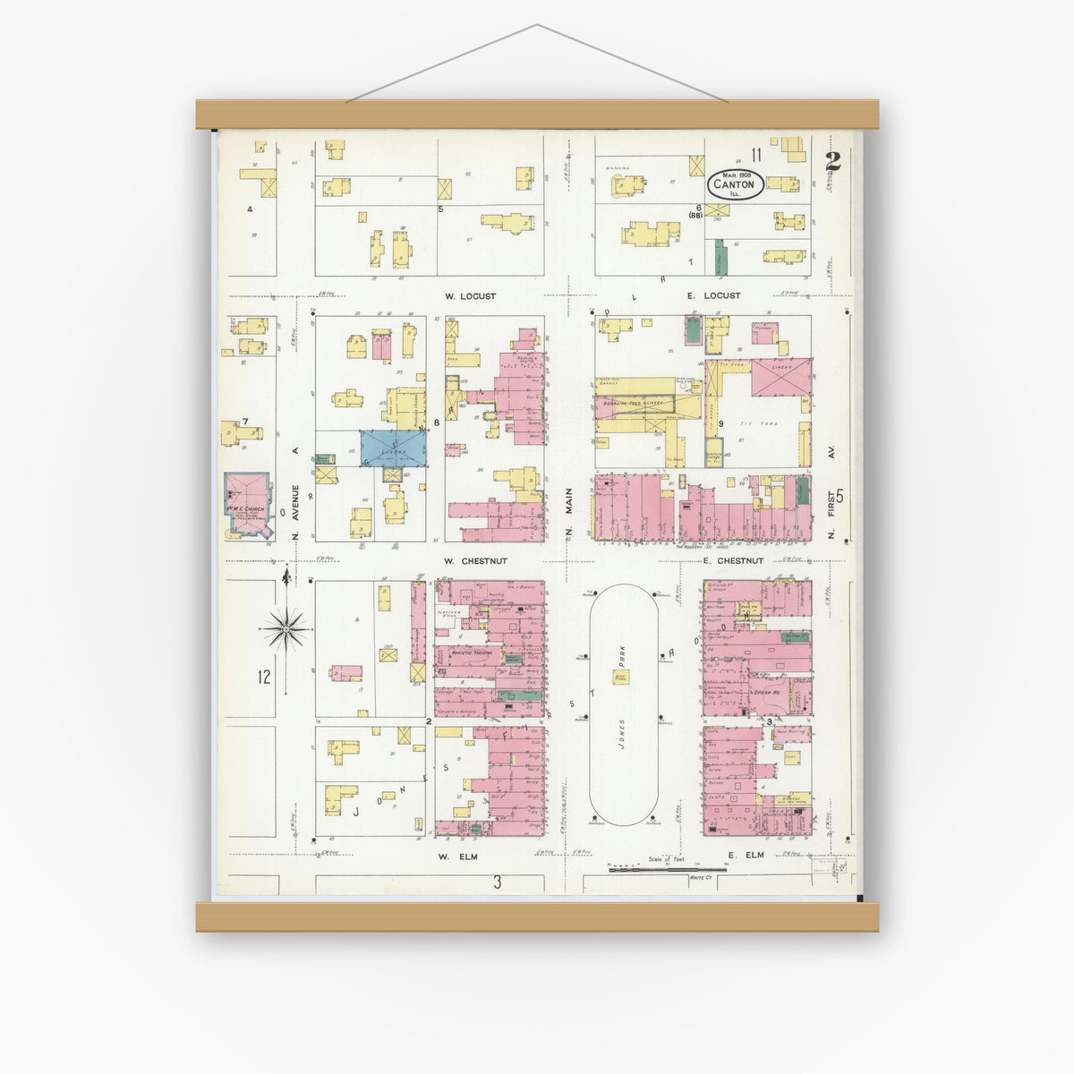 Old map wall art mockup — magnetic wood frame on white wall — Sanborn Fire Insurance Map from Canton, Fulton County, Illinois (1909), Sheet #0002