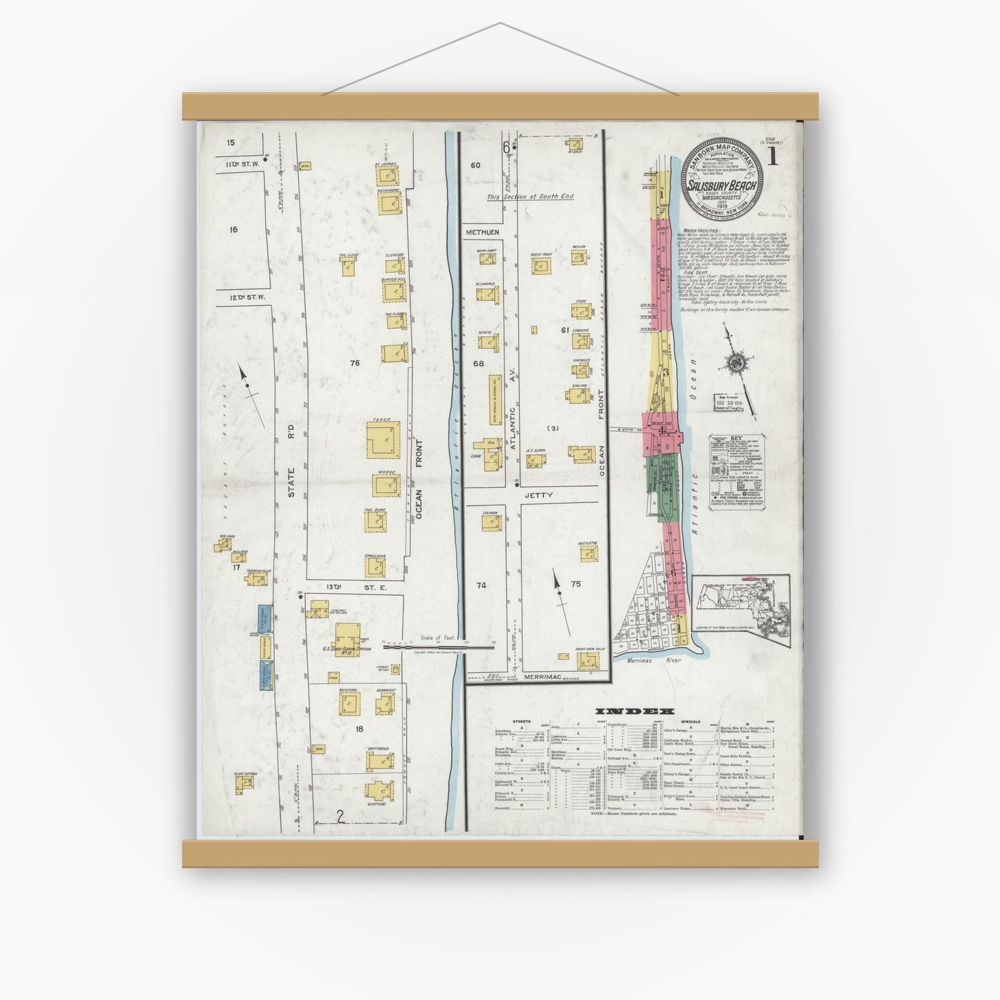 Old map wall art mockup — magnetic wood frame on white wall — Sanborn Fire Insurance Map from Salisbury, Essex County, Massachusetts (1919), Sheet #0001
