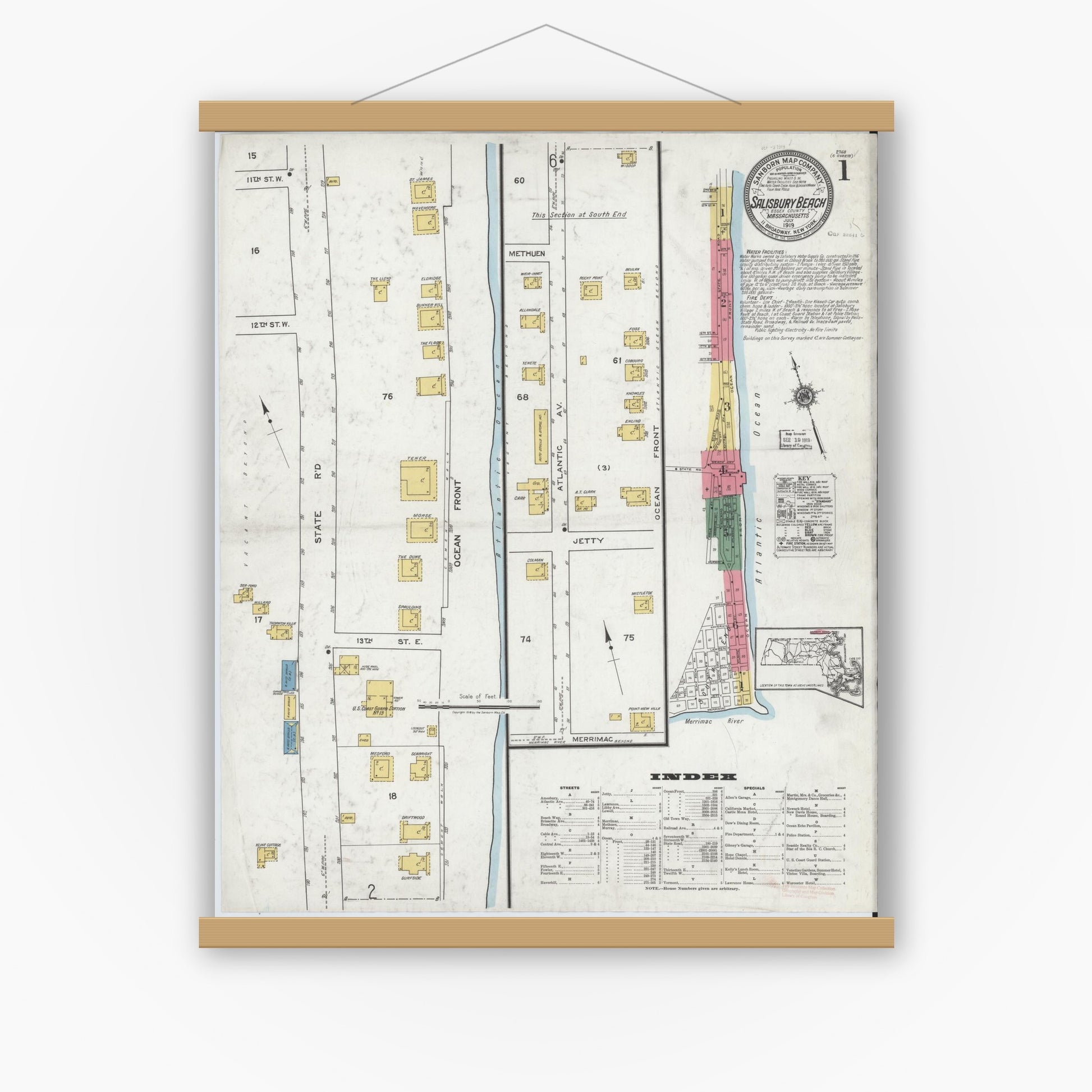 Old map wall art mockup — magnetic wood frame on white wall — Sanborn Fire Insurance Map from Salisbury, Essex County, Massachusetts (1919), Sheet #0001