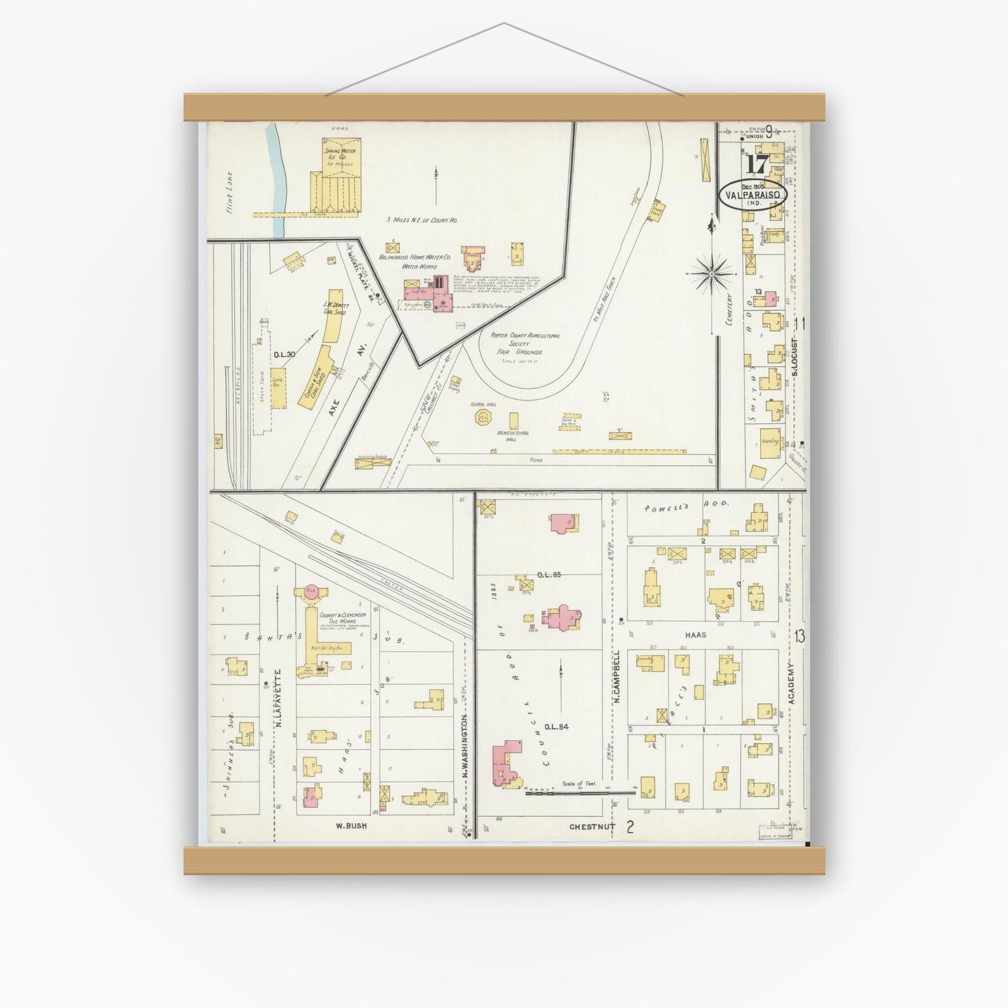 Old map wall art mockup — magnetic wood frame on white wall — Sanborn Fire Insurance Map from Valparaiso, Porter County, Indiana (1905), Sheet #0017