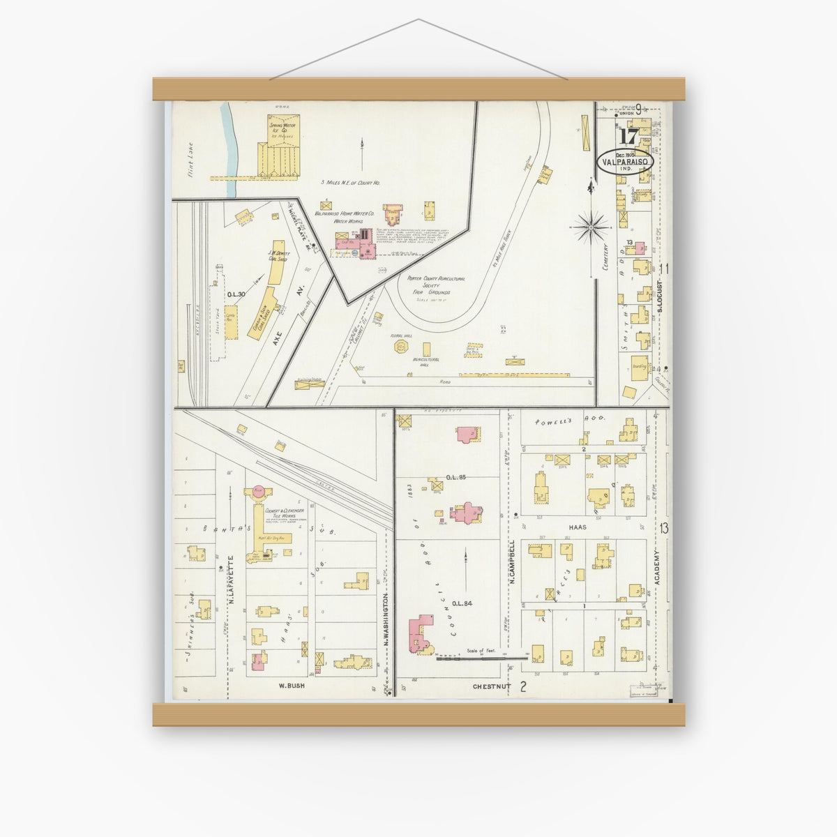 Old map wall art mockup — magnetic wood frame on white wall — Sanborn Fire Insurance Map from Valparaiso, Porter County, Indiana (1905), Sheet #0017