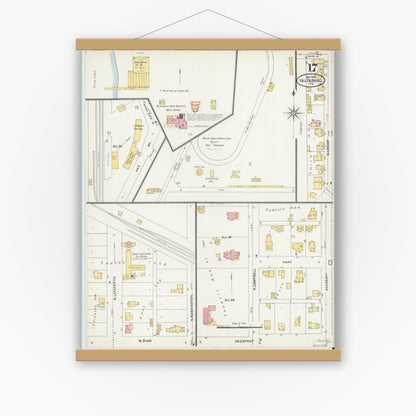 Old map wall art mockup — magnetic wood frame on white wall — Sanborn Fire Insurance Map from Valparaiso, Porter County, Indiana (1905), Sheet #0017
