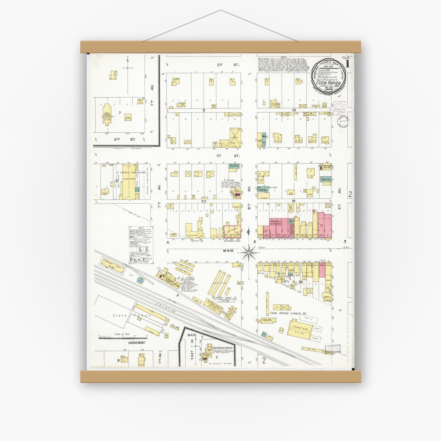 Old map wall art mockup — magnetic wood frame on white wall — Sanborn Fire Insurance Map from Coon Rapids, Carroll County, Iowa (1901) â€” Complete Set