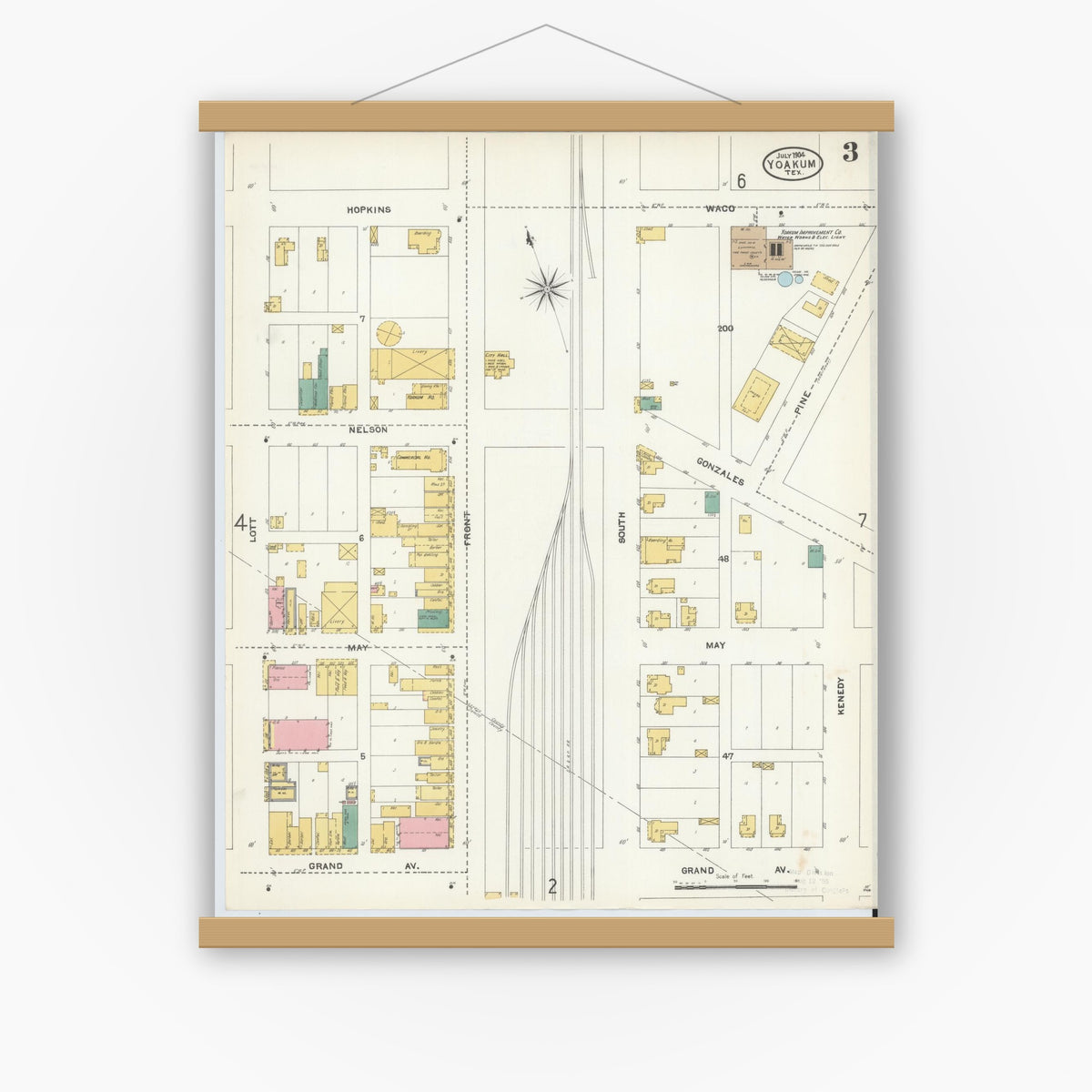 Old map wall art mockup — magnetic wood frame on white wall — Sanborn Fire Insurance Map from Yoakum, De Witt And Lavaca Counties, Texas (1904), Sheet #0003
