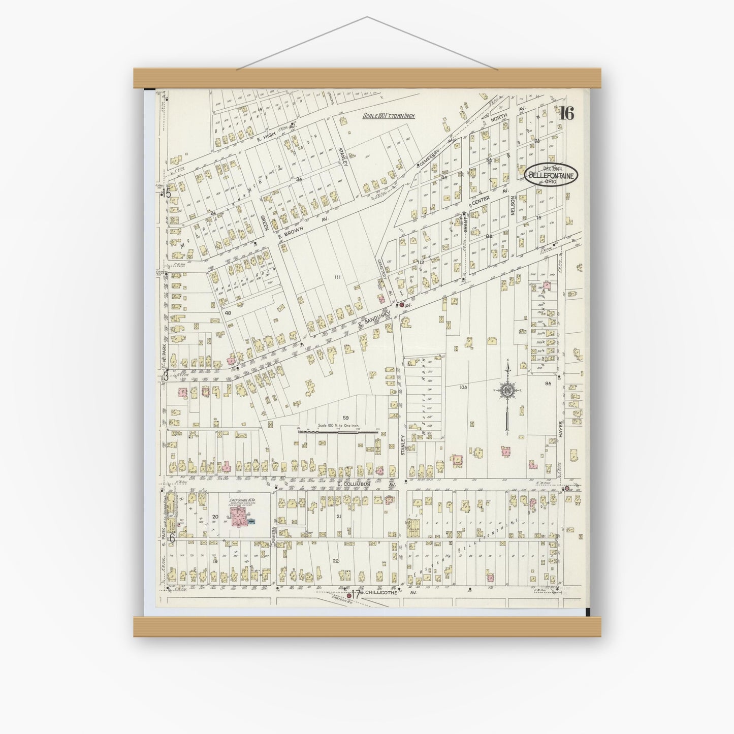 Old map wall art mockup — magnetic wood frame on white wall — Sanborn Fire Insurance Map from Bellefontaine, Logan County, Ohio (1914), Sheet #0016
