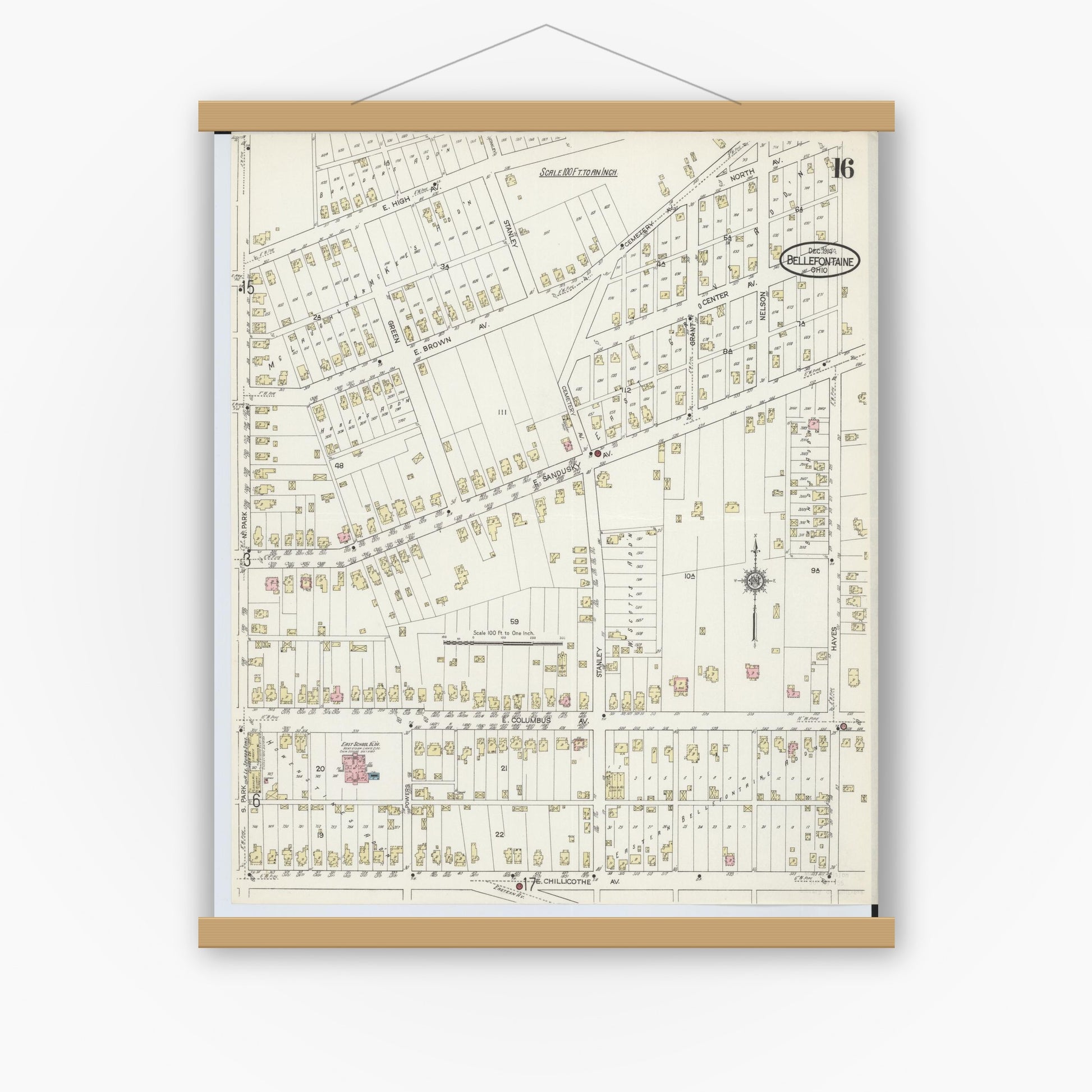 Old map wall art mockup — magnetic wood frame on white wall — Sanborn Fire Insurance Map from Bellefontaine, Logan County, Ohio (1914), Sheet #0016