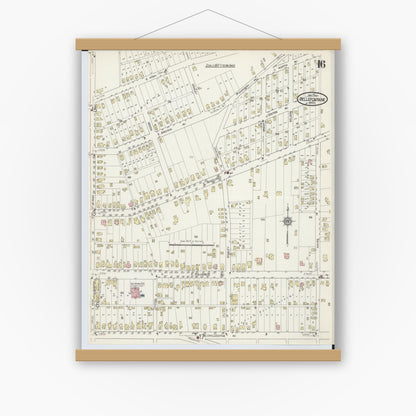 Old map wall art mockup — magnetic wood frame on white wall — Sanborn Fire Insurance Map from Bellefontaine, Logan County, Ohio (1914), Sheet #0016