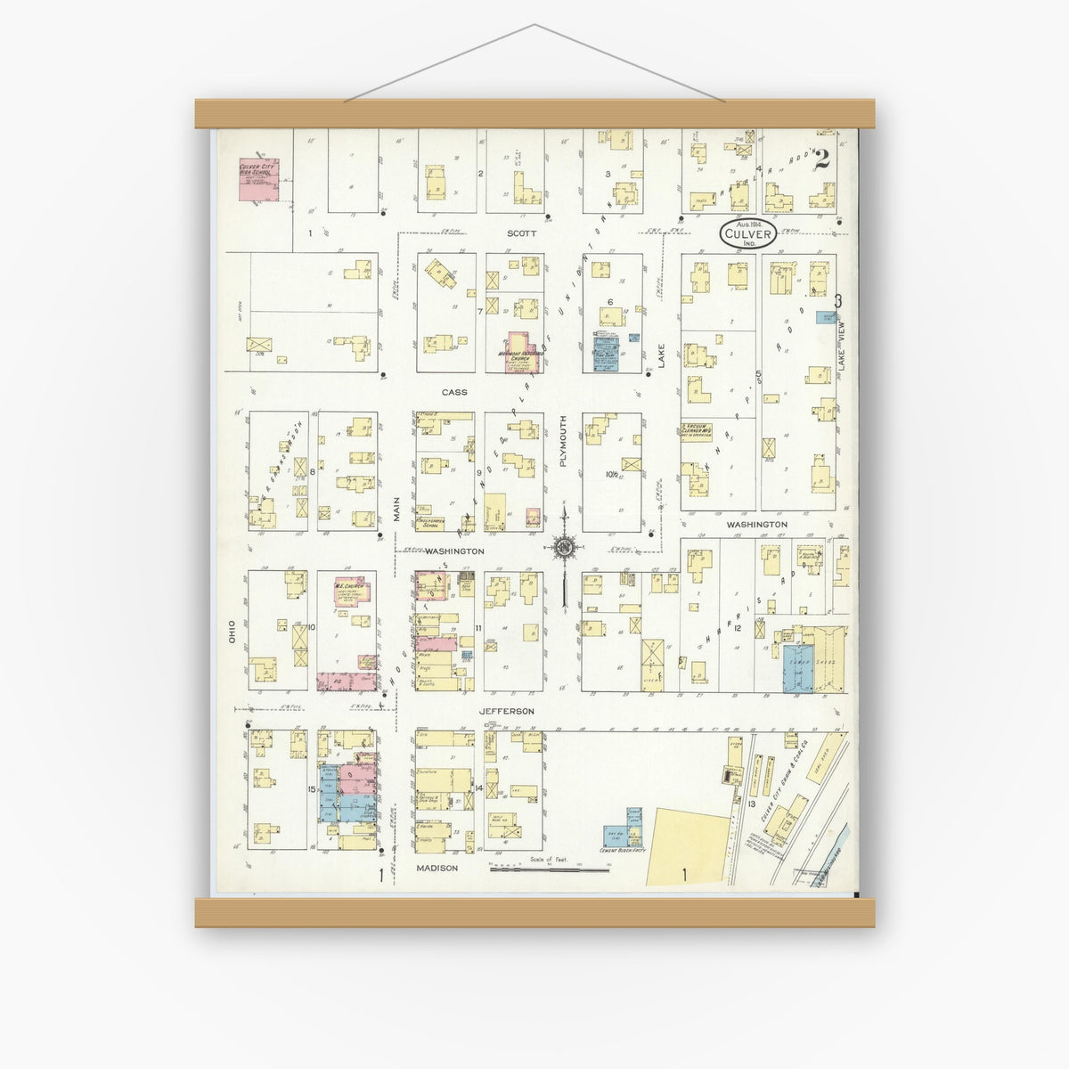 Old map wall art mockup — magnetic wood frame on white wall — Sanborn Fire Insurance Map from Culver, Marshall County, Indiana (1914), Sheet #0002