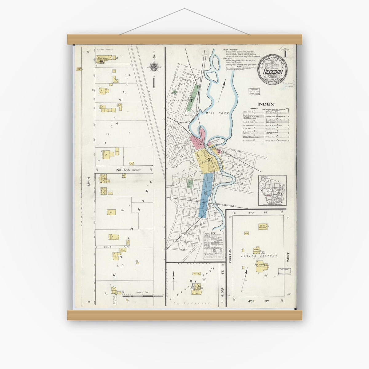 Old map wall art mockup — magnetic wood frame on white wall — Sanborn Fire Insurance Map from Necedah, Juneau County, Wisconsin (1916), Sheet #0001