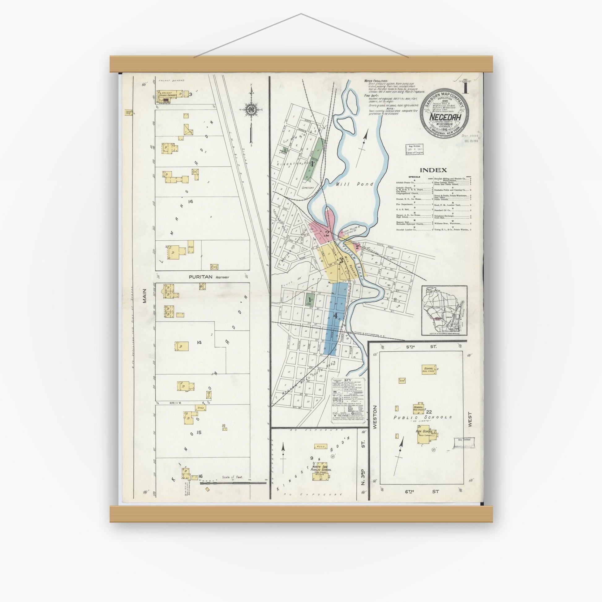 Old map wall art mockup — magnetic wood frame on white wall — Sanborn Fire Insurance Map from Necedah, Juneau County, Wisconsin (1916), Sheet #0001