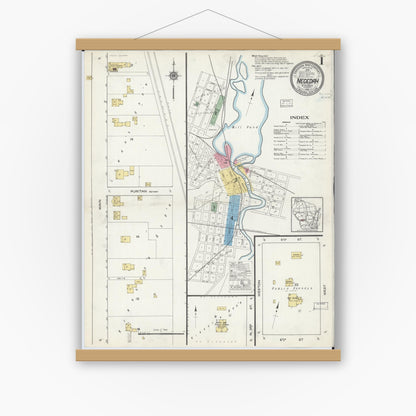 Old map wall art mockup — magnetic wood frame on white wall — Sanborn Fire Insurance Map from Necedah, Juneau County, Wisconsin (1916), Sheet #0001