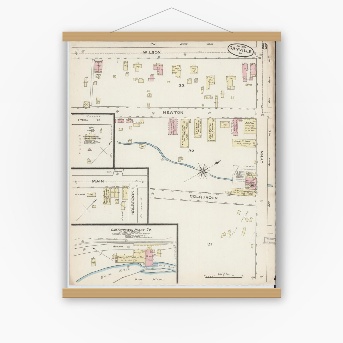 Old map wall art mockup — magnetic wood frame on white wall — Sanborn Fire Insurance Map from Danville, Independent Cities, Virginia (1886), Sheet #0008