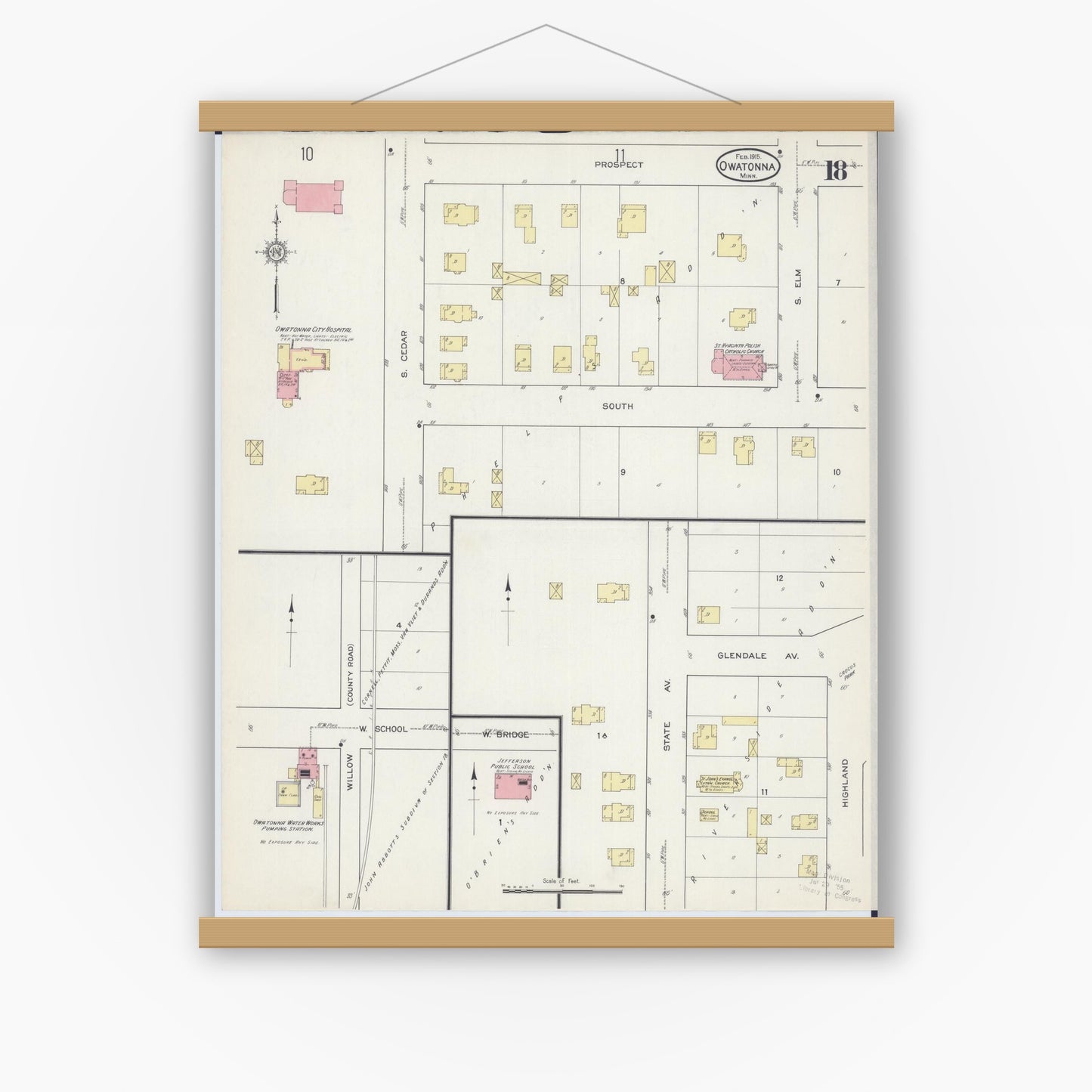Old map wall art mockup — magnetic wood frame on white wall — Sanborn Fire Insurance Map from Owatonna, Steele County, Minnesota (1915), Sheet #0018
