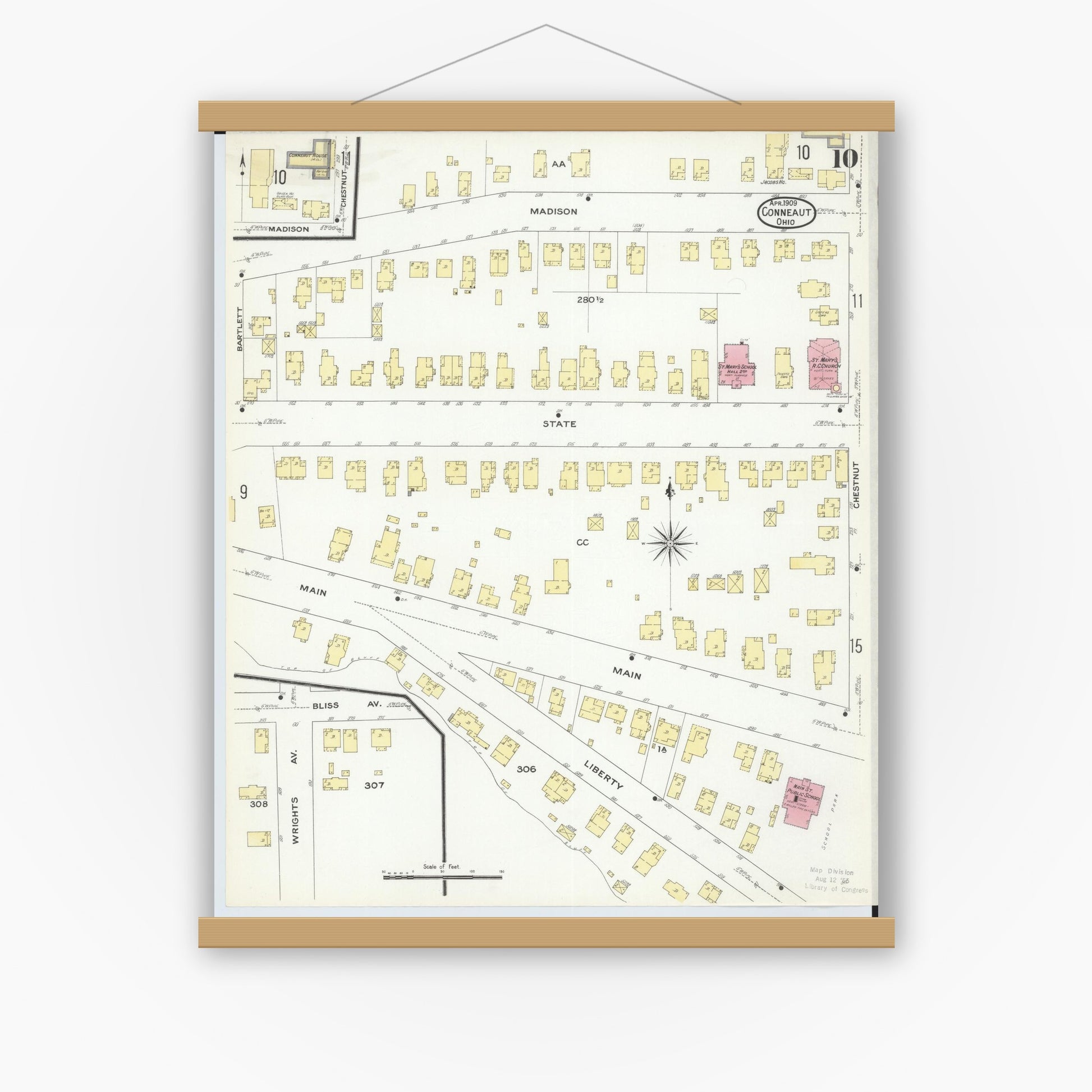 Old map wall art mockup — magnetic wood frame on white wall — Sanborn Fire Insurance Map from Conneaut, Ashtabula County, Ohio (1909), Sheet #0010