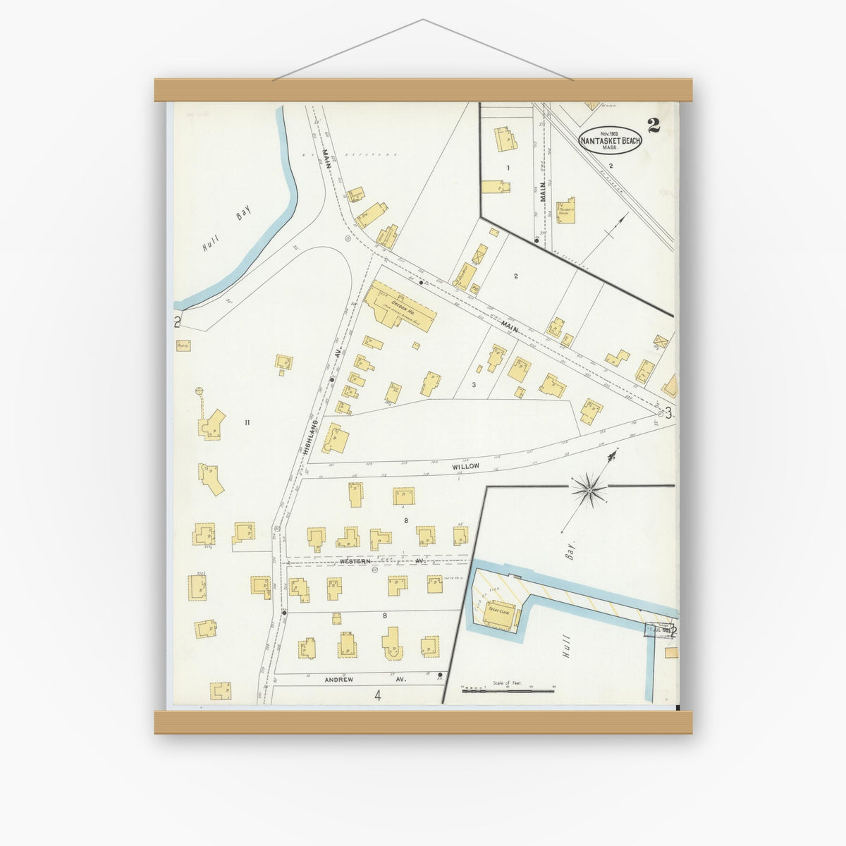 Old map wall art mockup — magnetic wood frame on white wall — Sanborn Fire Insurance Map from Nantasket Beach, Plymouth County, Massachusetts (1903), Sheet #0002