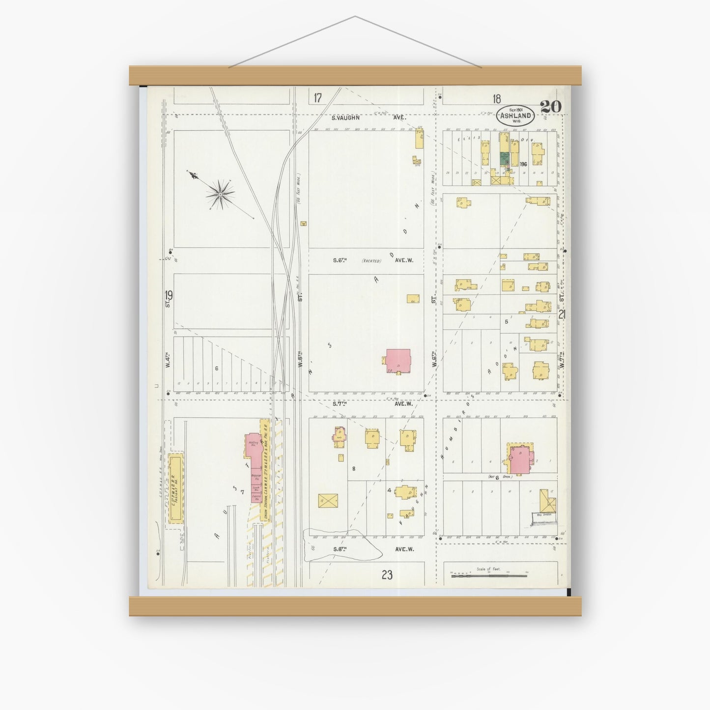 Old map wall art mockup — magnetic wood frame on white wall — Sanborn Fire Insurance Map from Ashland, Ashland County, Wisconsin (1901), Sheet #0020