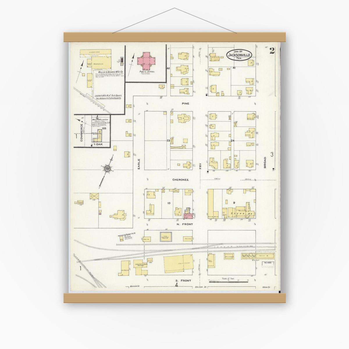 Old map wall art mockup — magnetic wood frame on white wall — Sanborn Fire Insurance Map from Jacksonville, Cherokee County, Texas (1911), Sheet #0002