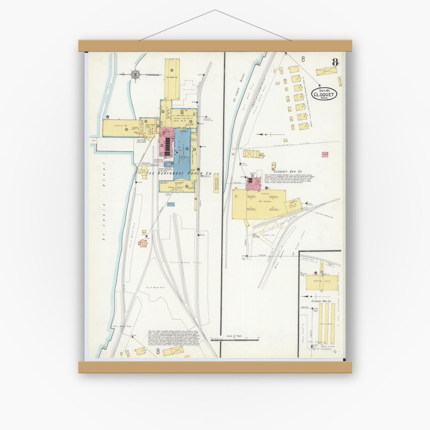 Old map wall art mockup — magnetic wood frame on white wall — Sanborn Fire Insurance Map from Cloquet, Carlton County, Minnesota (1911), Sheet #0008