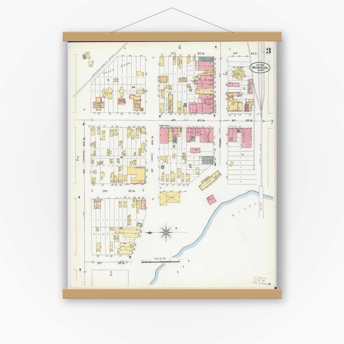 Old map wall art mockup — magnetic wood frame on white wall — Sanborn Fire Insurance Map from Moorhead, Clay County, Minnesota (1906), Sheet #0003